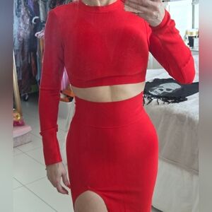 Red High-Waist Midi Skirt & Top SET - Women's Stretch Pencil Skirt